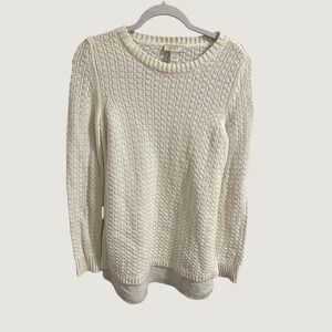 Loft Womens Cream Chunky  Knit Layered Look Mixed Media Sweater Size Medium Fall
